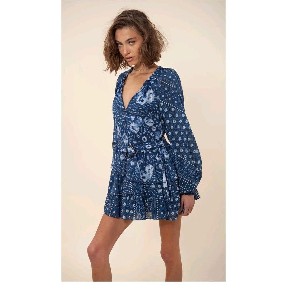 Hale Bob Jaylin Voile Mini Dress Blue Paisley Tiered M Boho Belted Cotton NWT
